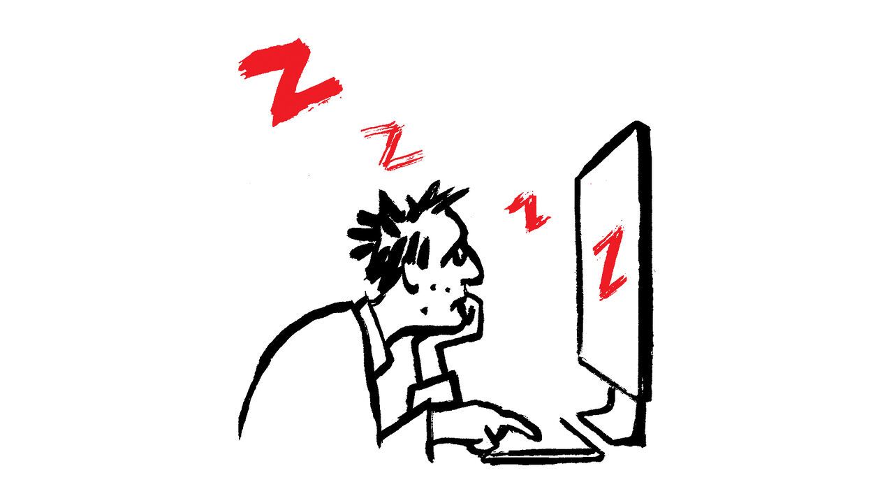 Illustration of a tired looking man at a computer that has Zs coming out of it