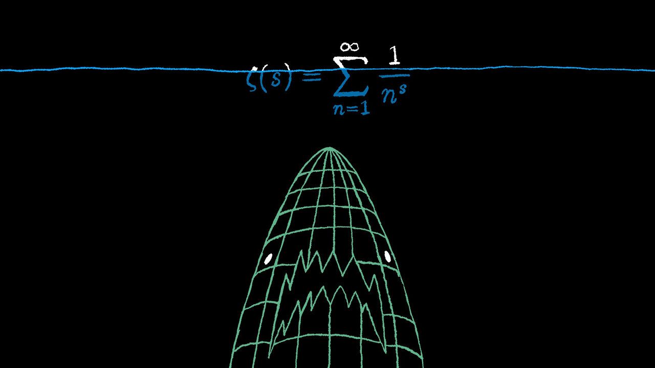Illustration of a digital wireframe shark coming up from the depths about to bite an equation from the Riemann hypothesis