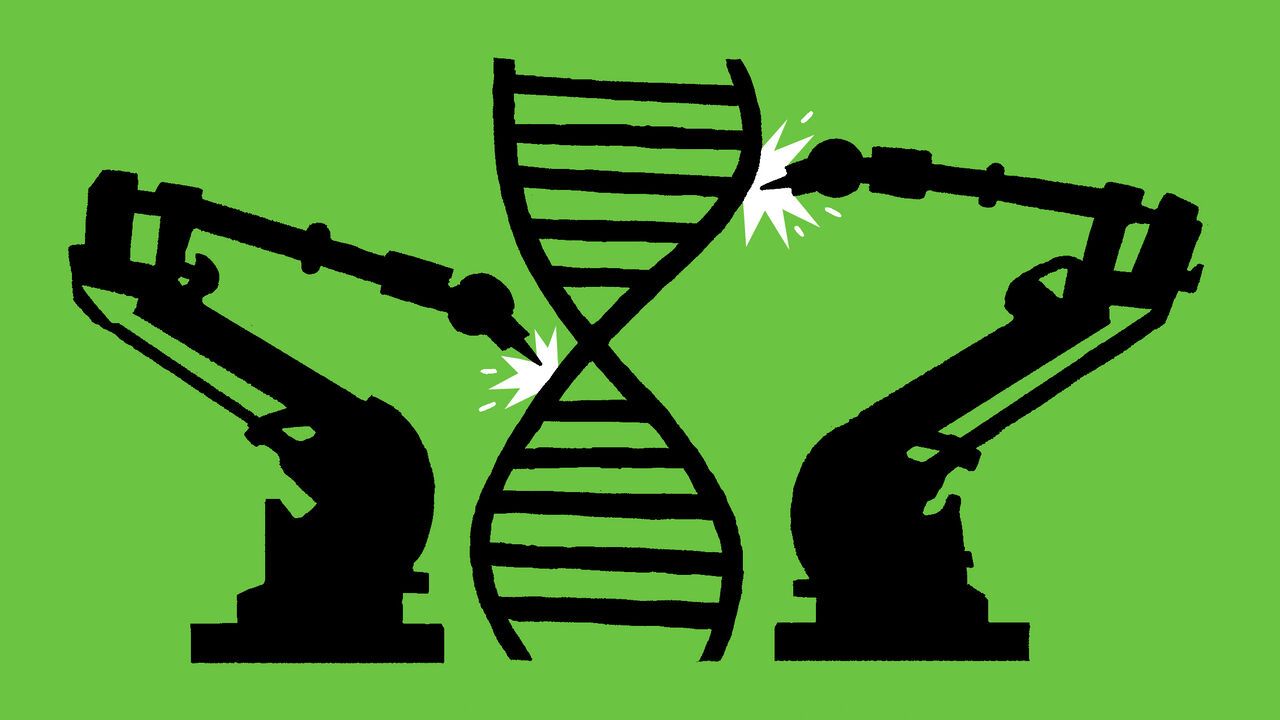 Illustration of two factory robot arms building a strand of DNA