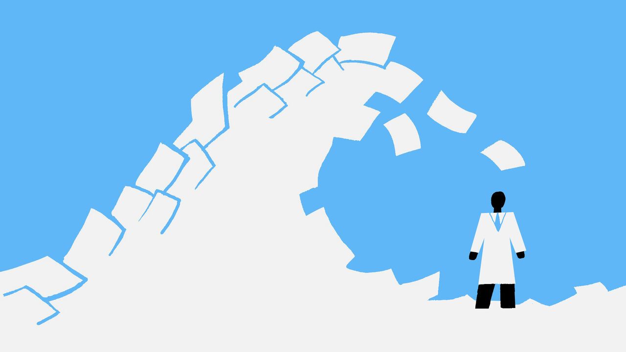 Illustration of a scientist about to be engulfed by a tidal wave of papers