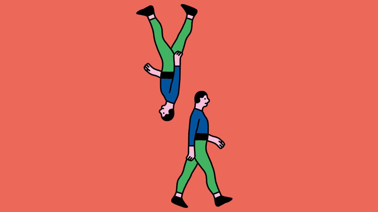 Illustration of two men walking, one upright and the other upside down
