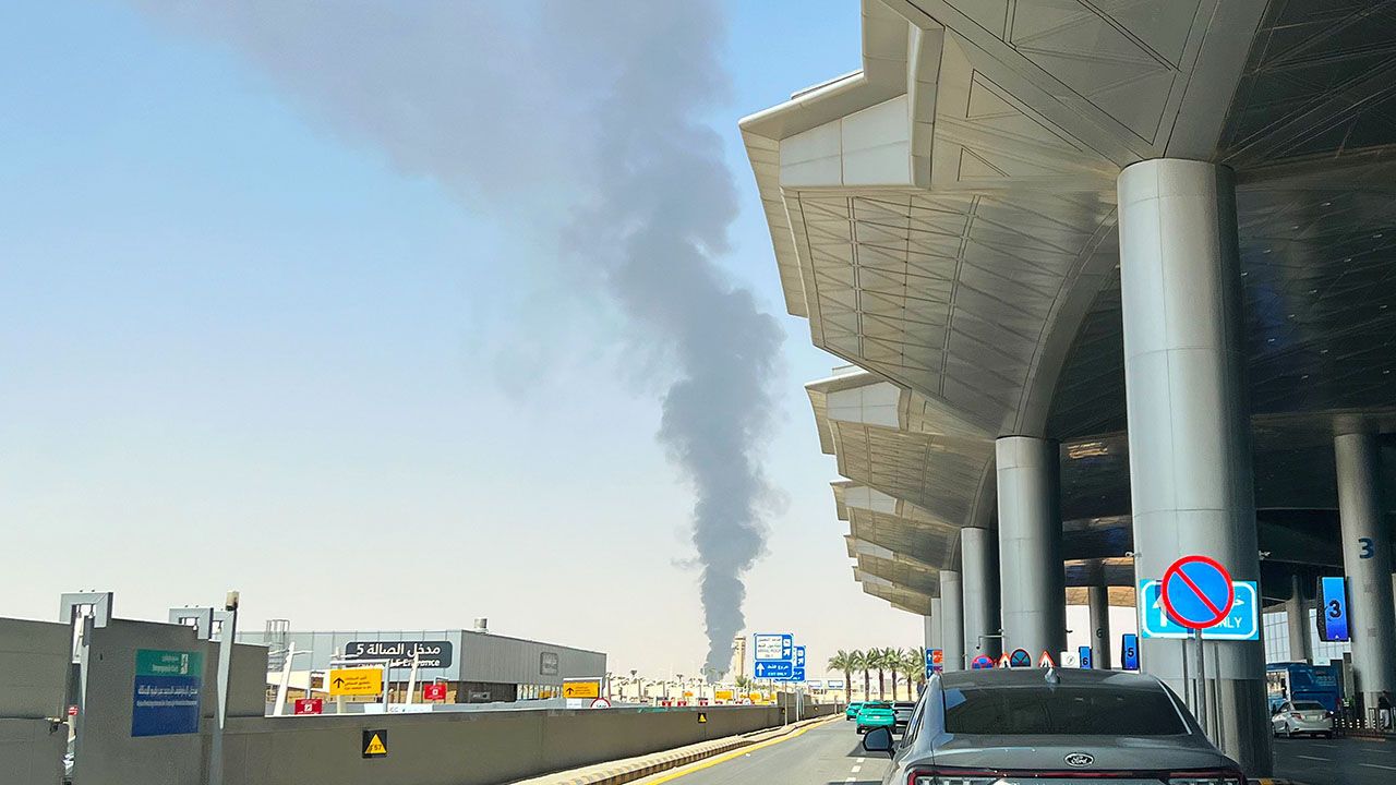 Thick smoke rising near King Khalid International Airport in northeastern Riyadh, Saudi Arabia.
