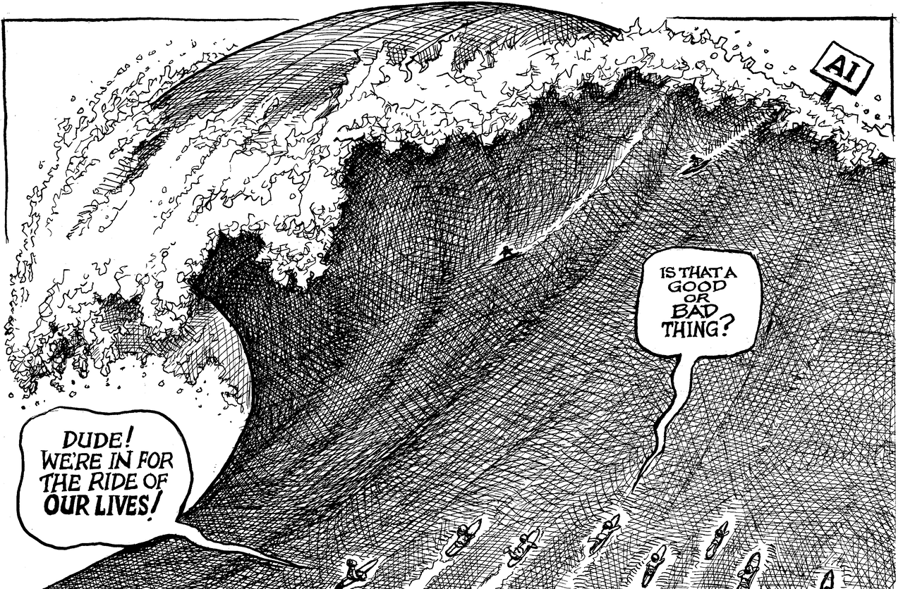 A huge tsunami wave depicting Artificial Intelligence swamping a group of hopeful surfers