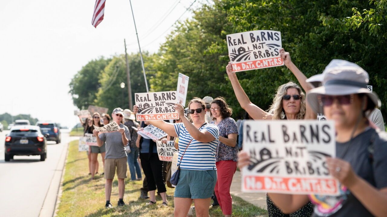 Demonstrators during a protest against data centers in Saline, Michigan.