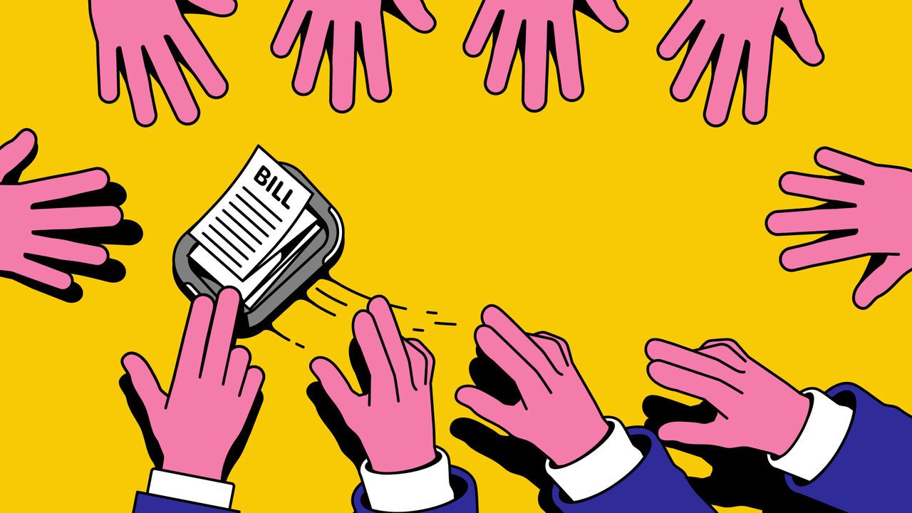 A colourful illustration of many hands passing a bill around