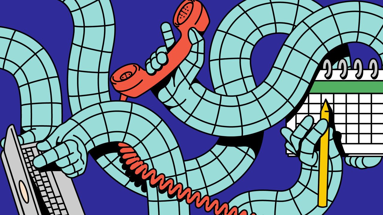 Illustration of hands multitasking in an office environment.
