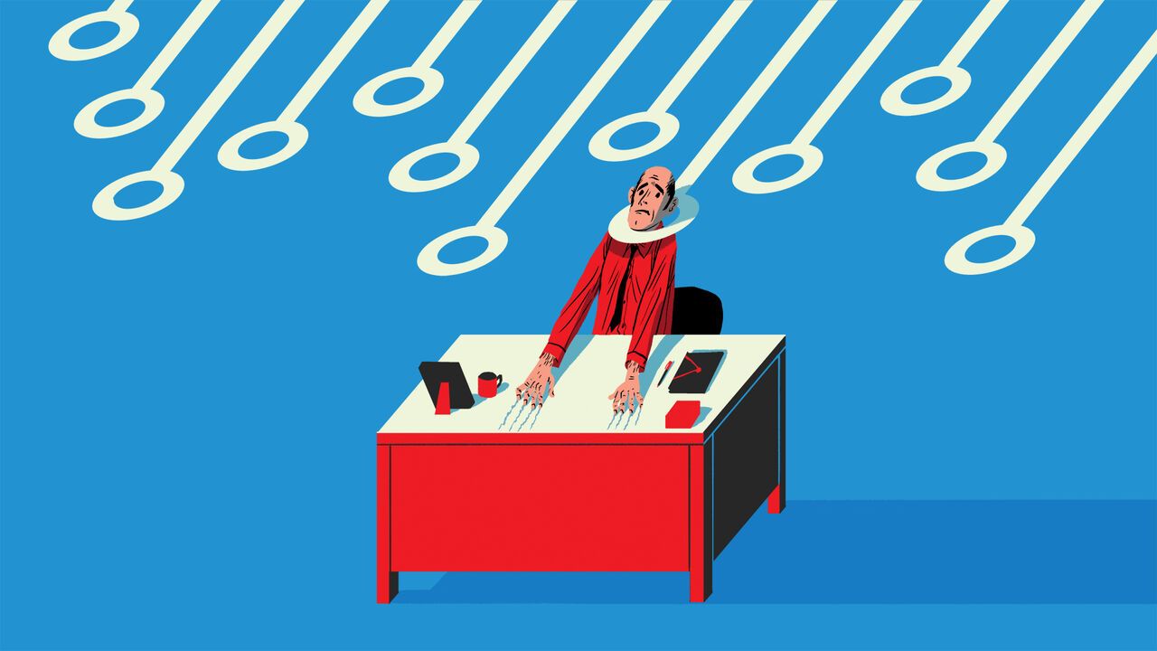 Illustration of a worker at a desk getting pulled by circuit board lines.