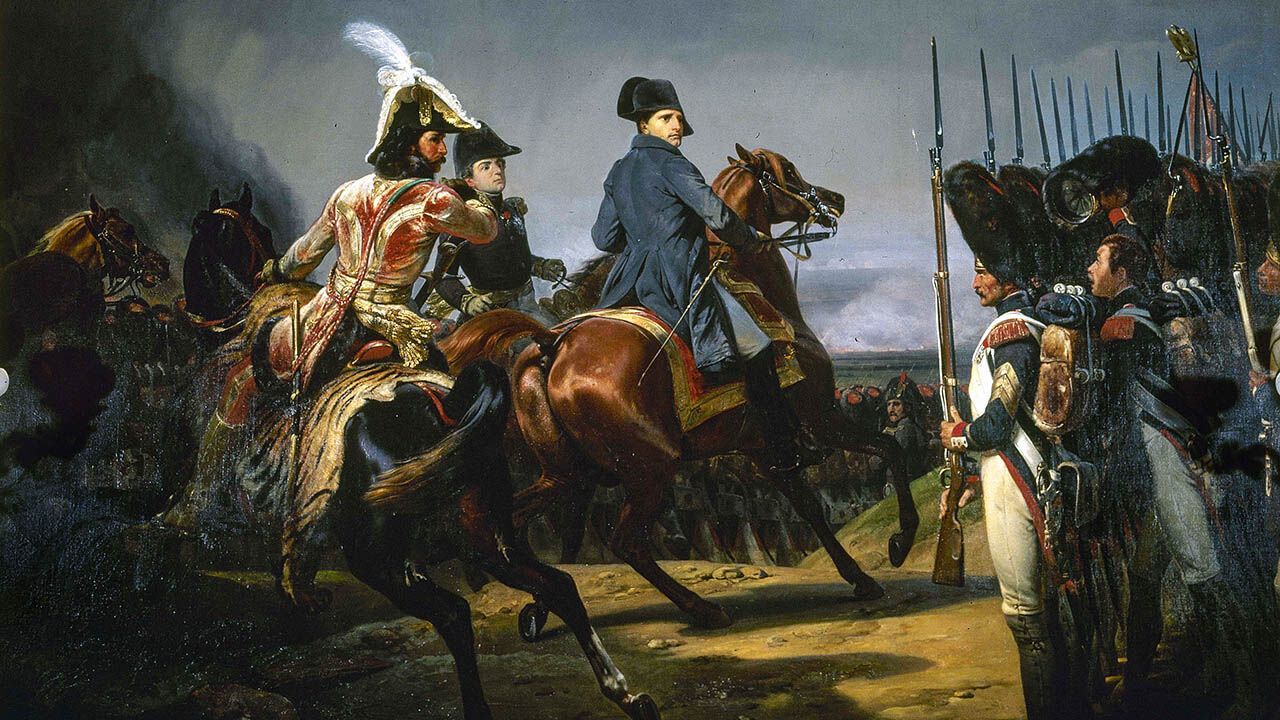Painting of The Battle of Jena, October 14,1806, showing Napoleon reviewing his troops with Fieldmarshals Joachim Murat and Louis Alexandre Berthier.