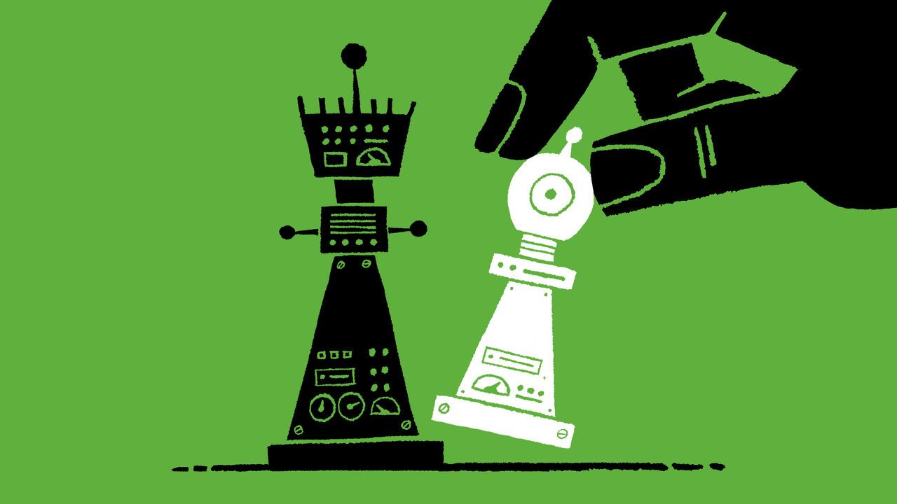 A human hand moves the small robot-like pawn toward the queen’s pawn
