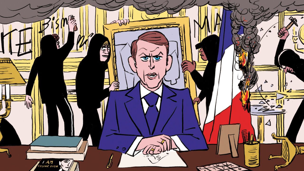 Illustration of Macron giving a speech at his desk while rioters destroy his office behind him