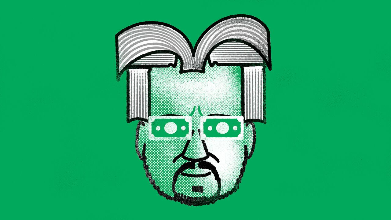 Illustration of Perry Mehrling with books for hair and dollar notes for eyes.