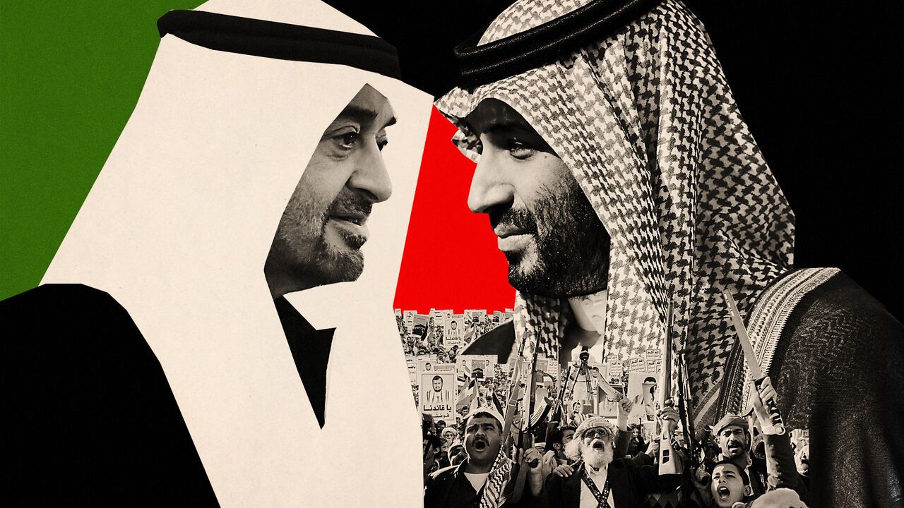 Collage illustration of Mohammed bin Zayed Al Nahyan and the Crown Prince Mohammed bin Salman facing each other with images of protesters and fighters spilling out from between them.