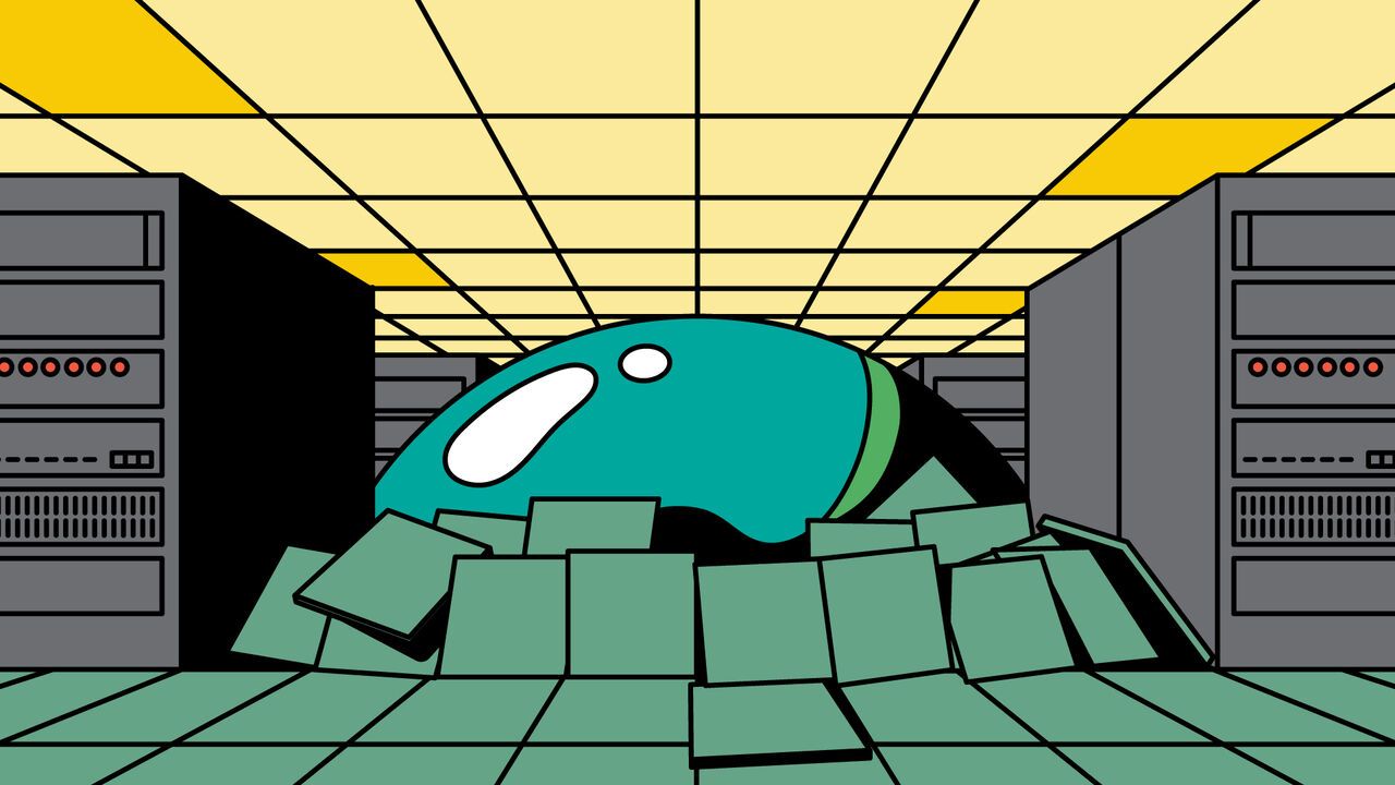 Illustration of a data centre with a large bubble breaking through the floor and rising up.