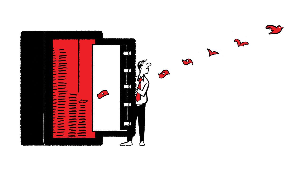 Illustration of a man holding a large safe open with money flying out and becoming birds