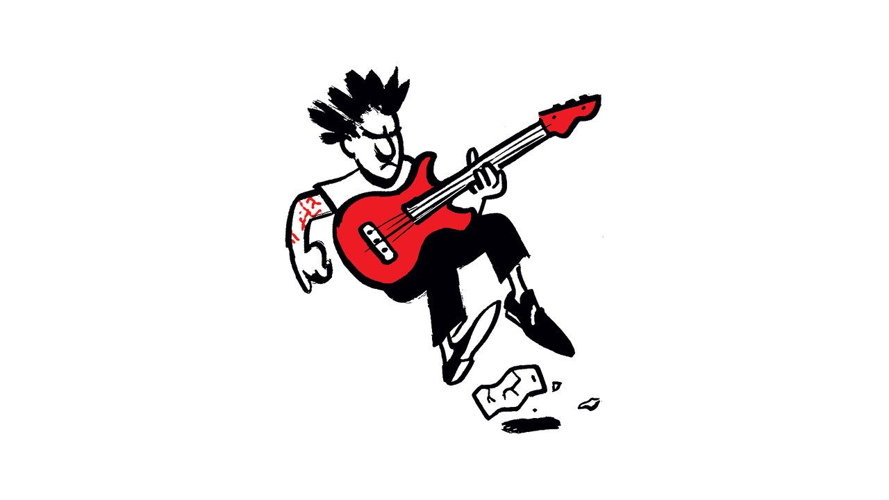 Illustration of a man shredding on a guitar and stamping on a phone