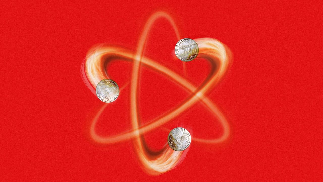 Illustration of 3 dollar coins flying around like atoms