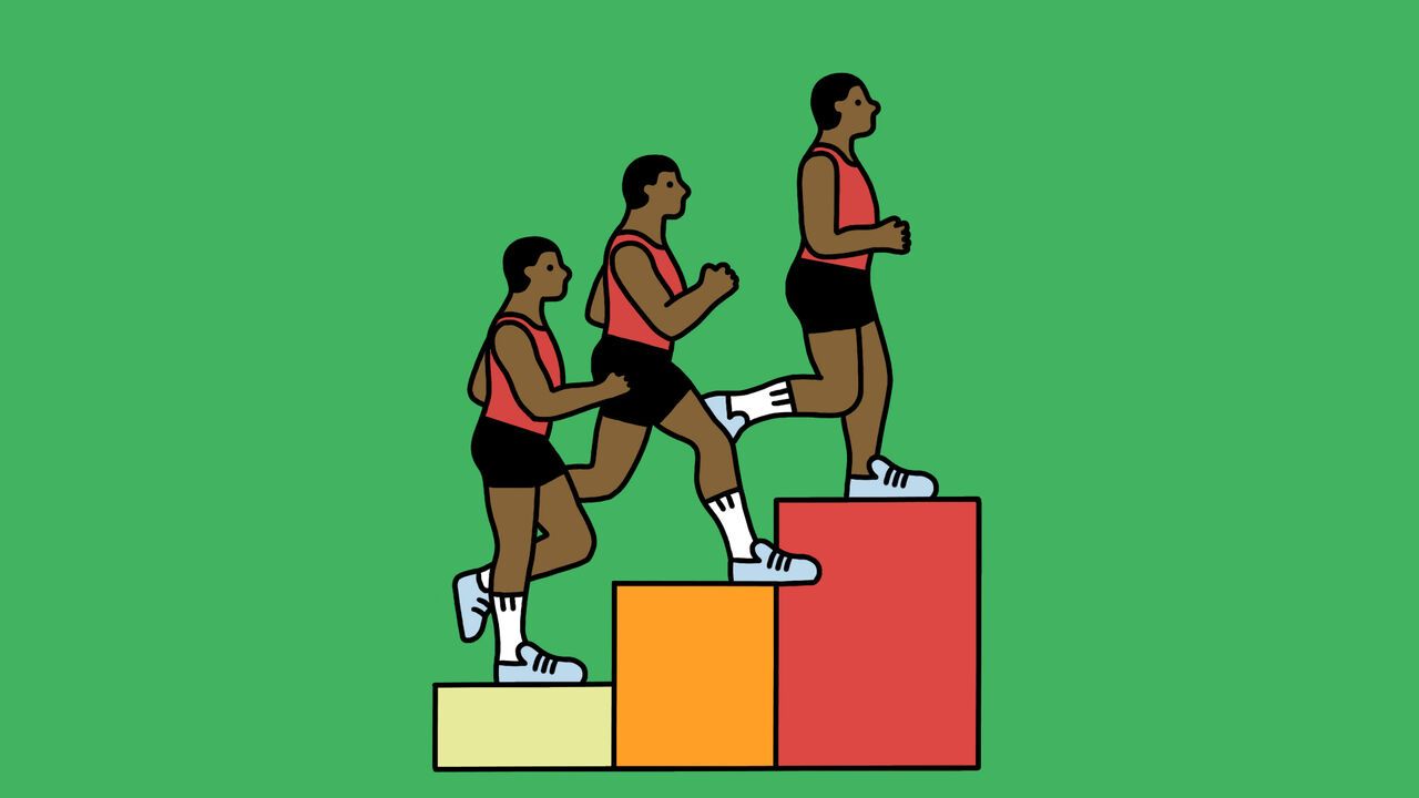 Illustration of a runner going up s3 teps that are coloured from yellow to red