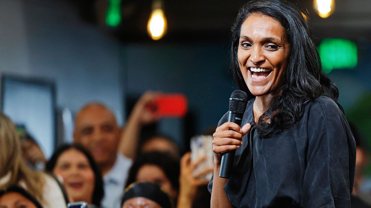 Los Angeles City Council member and mayoral candidate Nithya Raman speaks at a campaign celebration with volunteers and supporters.