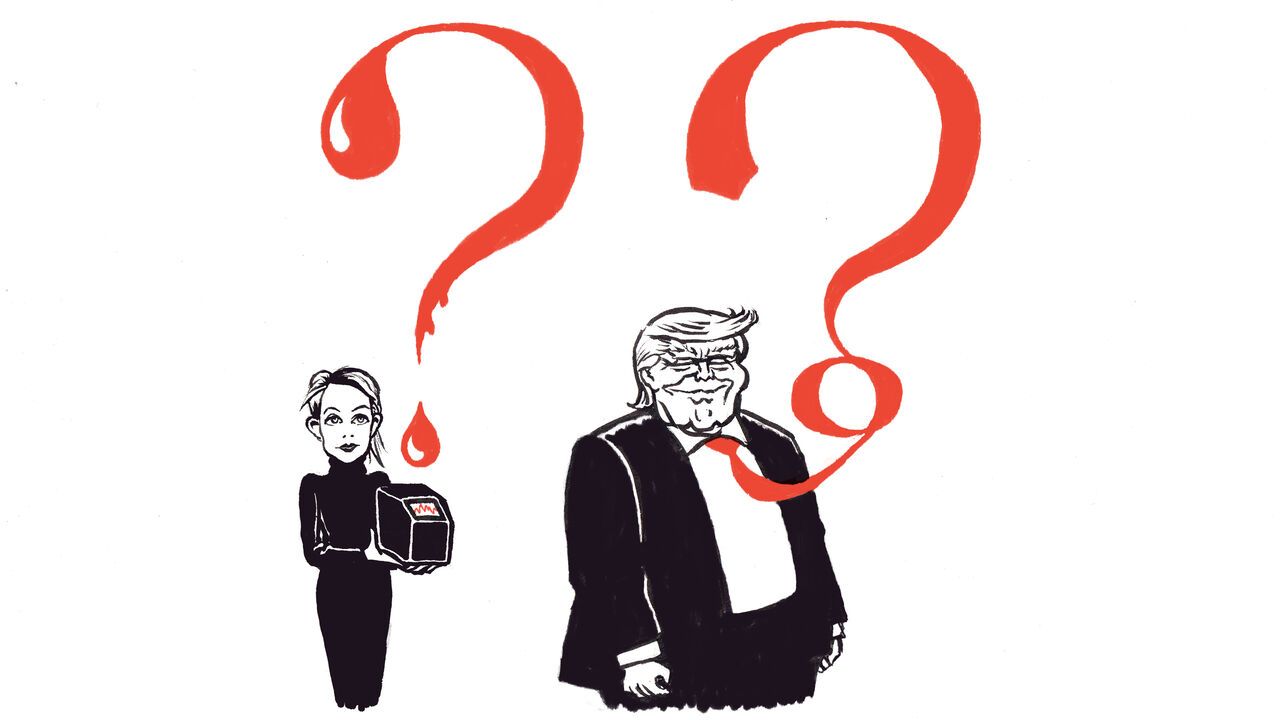 Cartoon of Elizabeth Holmes holds a box beside Donald Trump, with a large red question mark above each figure. Trump’s tie is entwined with his question mark