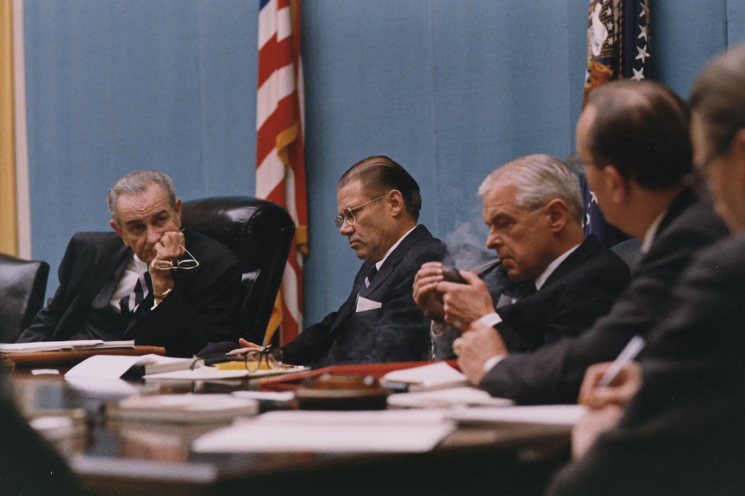 U.S. President Lyndon Johnson and U.S. Secretary of Defense Robert McNamara at a National Security Council meeting, Washington, D.C., February 1968
