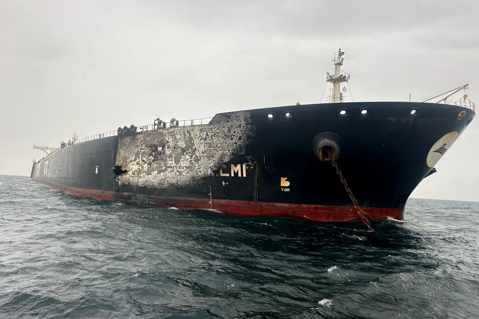 A damaged Kuwait-flagged crude oil tanker, March 2026