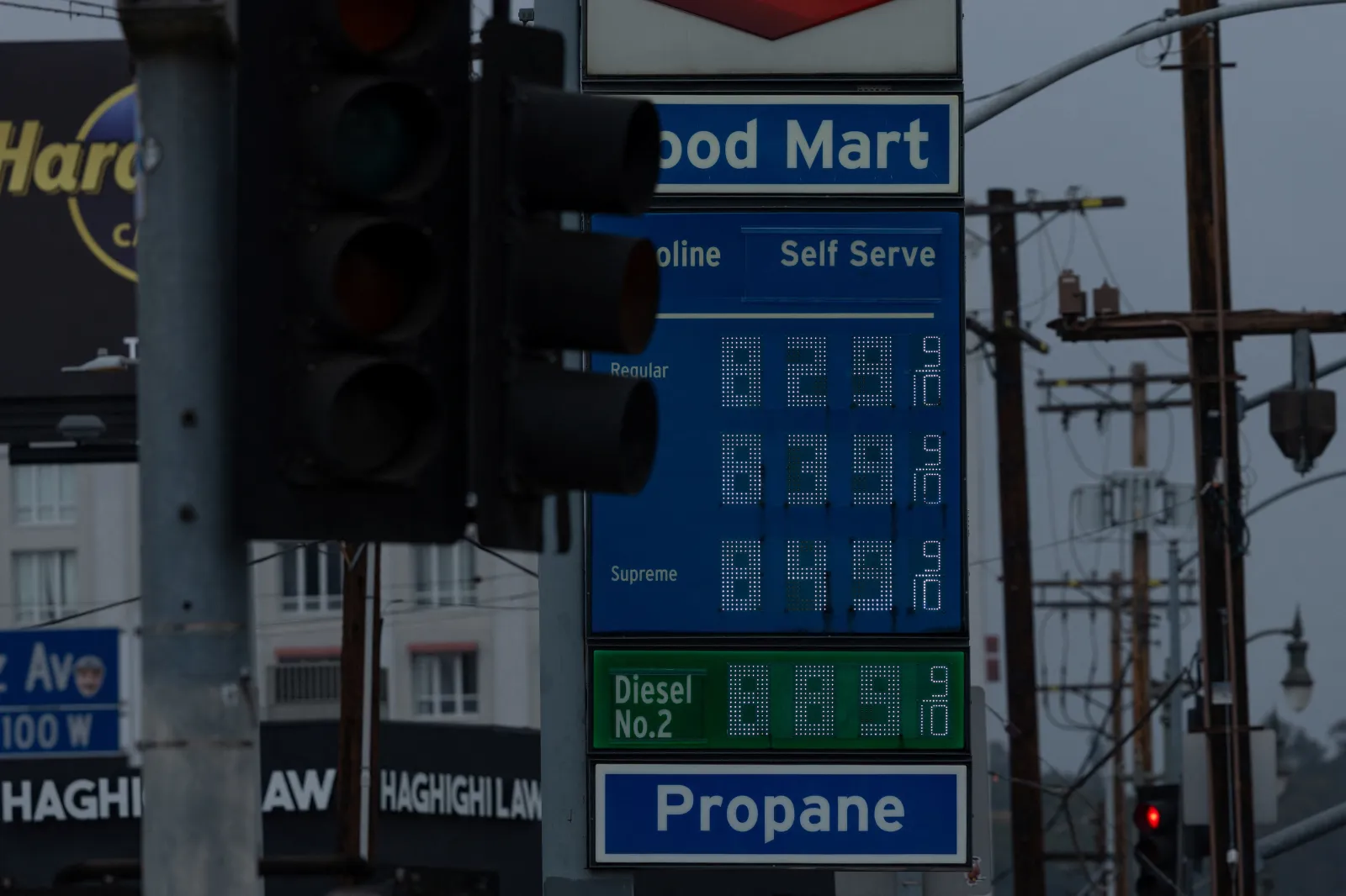 High prices at a gas station in downtown Los Angeles, California, March 2026