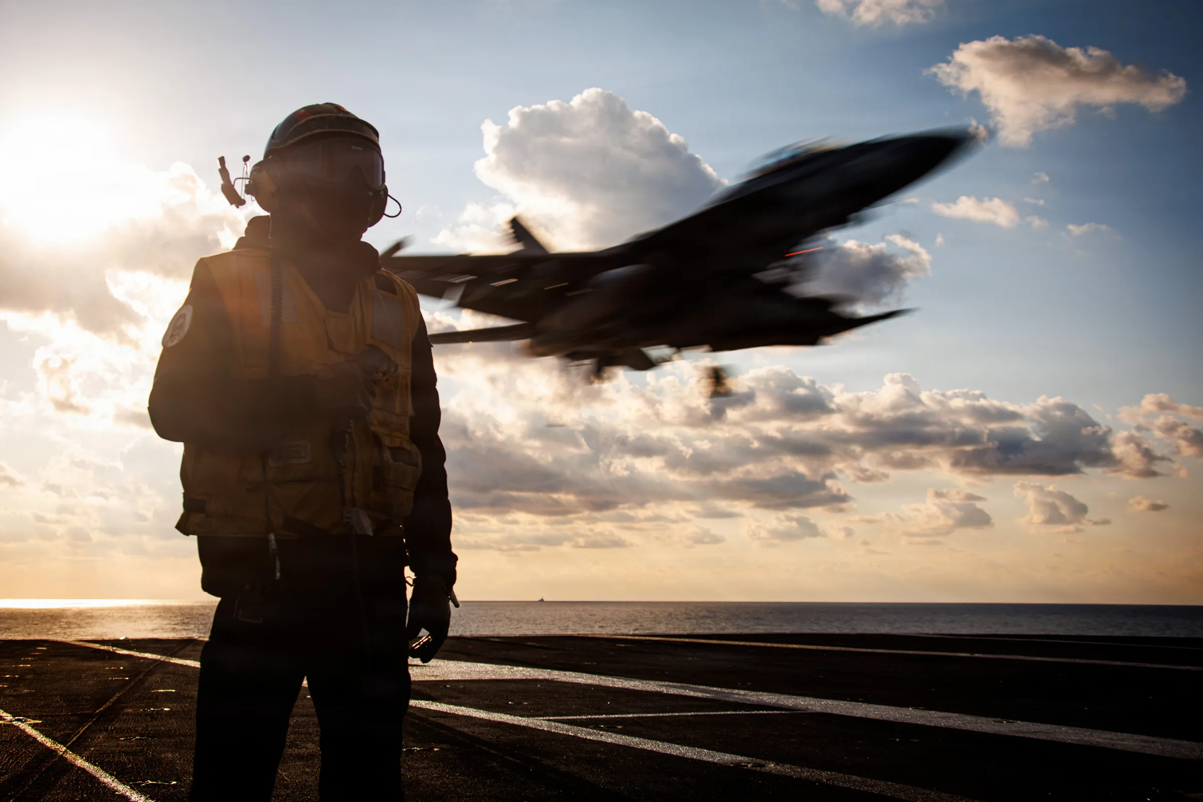 A U.S. fighter jet landing on an aircraft carrier in the Mediterranean Sea, March 2026