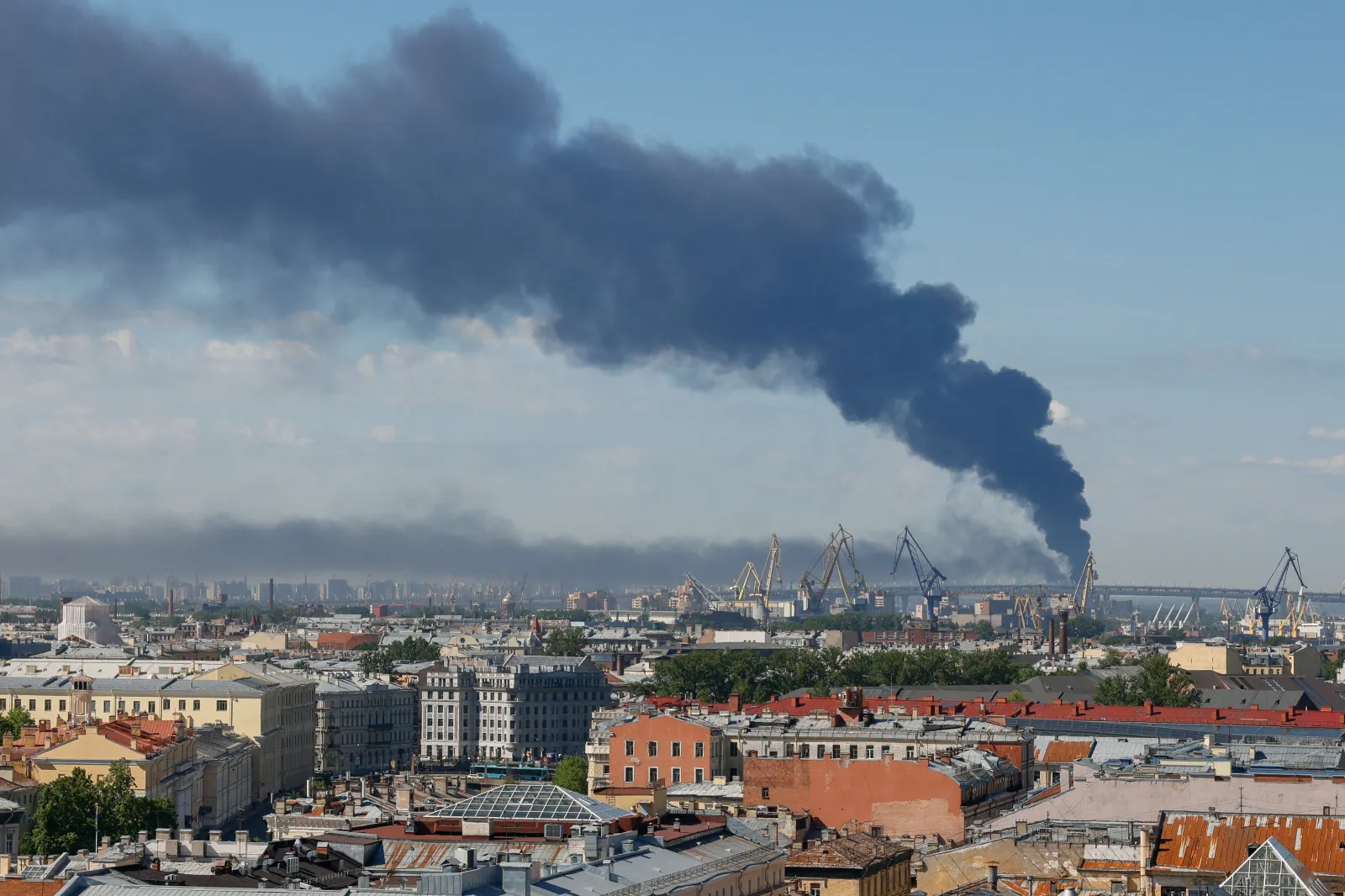 Smoke billowing after a Ukrainian drone strike in St Petersburg, Russia, June 2026